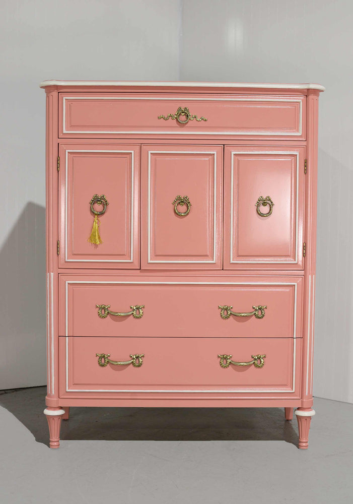 1970s Transitional Highboy Dresser by Henredon in Pink & White - Newly Painted