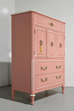 1970s Transitional Highboy Dresser by Henredon in Pink & White - Newly Painted