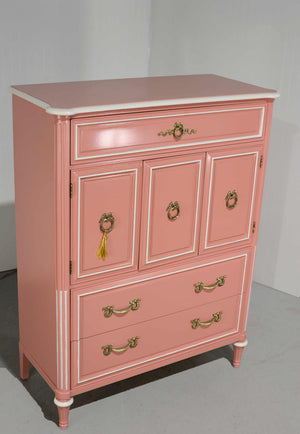 1970s Transitional Highboy Dresser by Henredon in Pink & White - Newly Painted