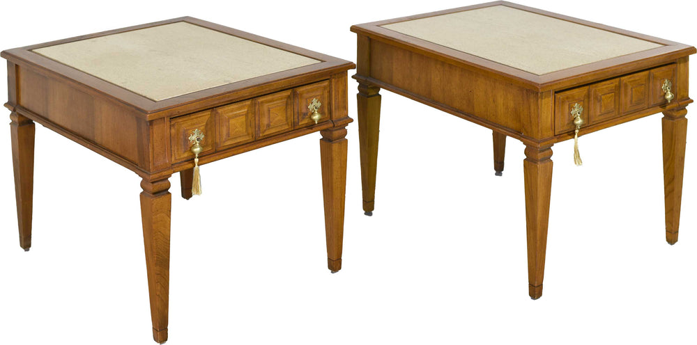 1970s Transitional Travertine Top End Tables - a Pair