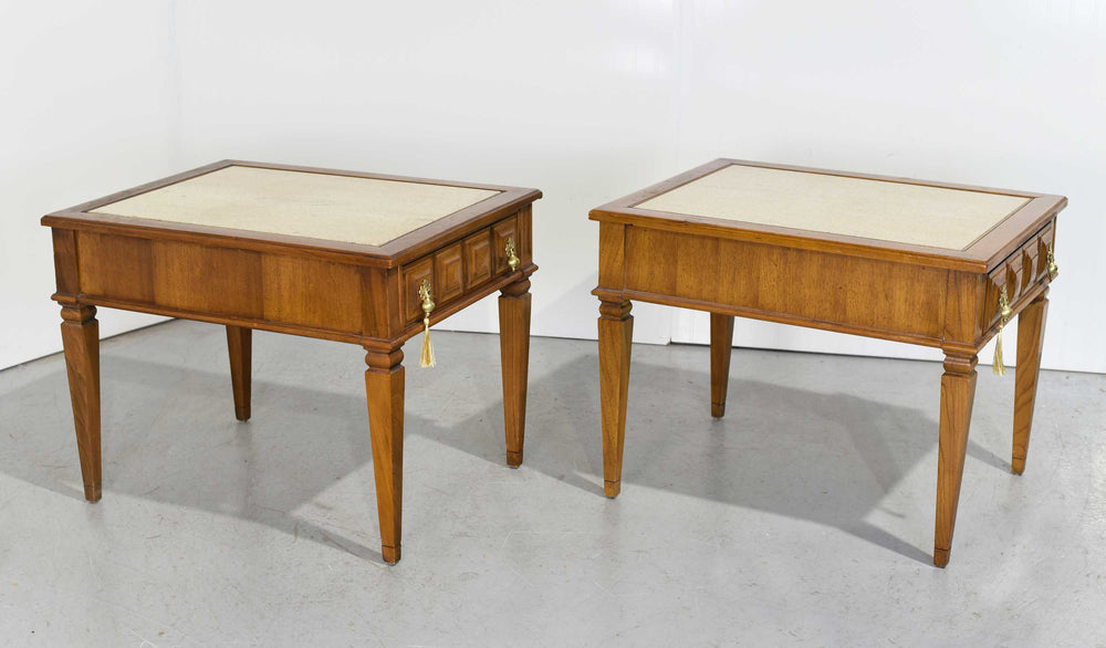 1970s Transitional Travertine Top End Tables - a Pair
