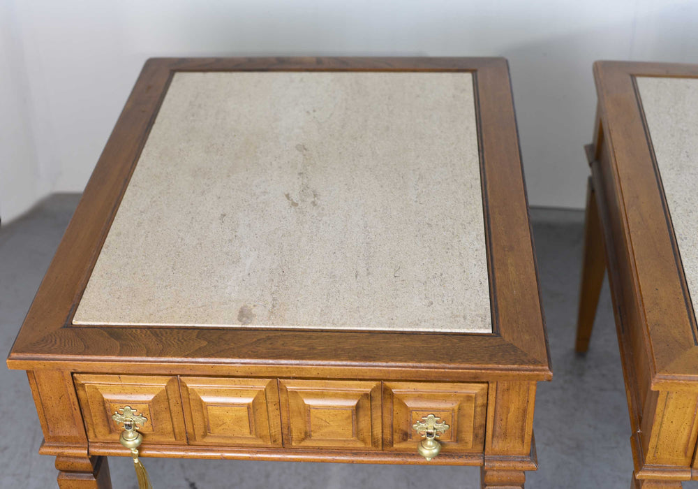 1970s Transitional Travertine Top End Tables - a Pair