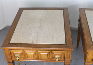 1970s Transitional Travertine Top End Tables - a Pair
