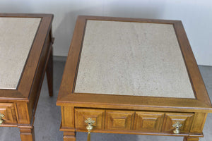 1970s Transitional Travertine Top End Tables - a Pair