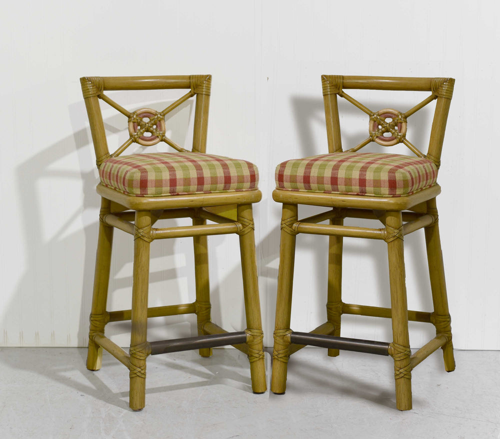 1980s Cane Rattan Target Back Bamboo Bar Stools By McGuire - Set of 2