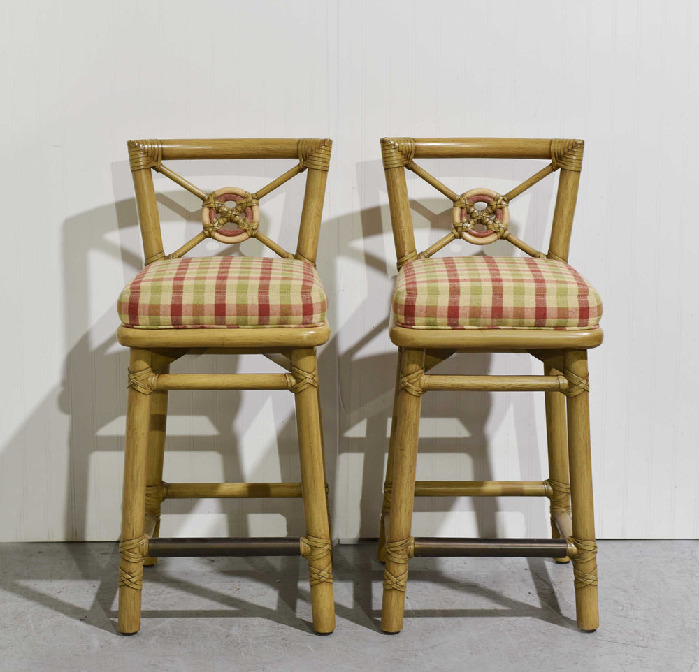1980s Cane Rattan Target Back Bamboo Bar Stools By McGuire - Set of 2