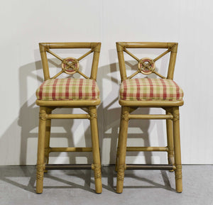 1980s Cane Rattan Target Back Bamboo Bar Stools By McGuire - Set of 2