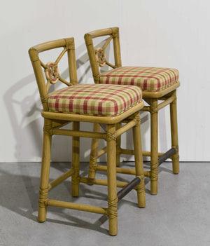 1980s Cane Rattan Target Back Bamboo Bar Stools By McGuire - Set of 2