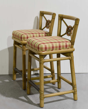 1980s Cane Rattan Target Back Bamboo Bar Stools By McGuire - Set of 2