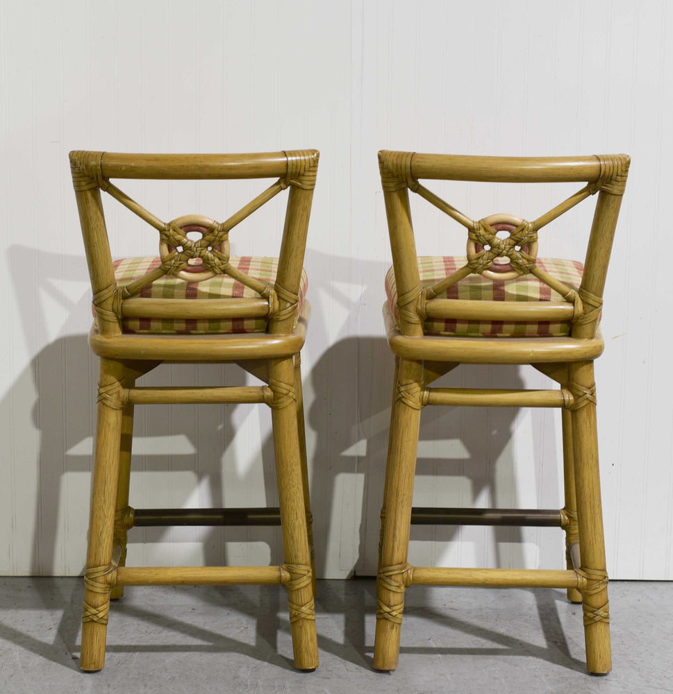 1980s Cane Rattan Target Back Bamboo Bar Stools By McGuire - Set of 2