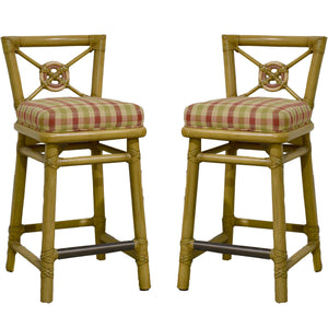 1980s Cane Rattan Target Back Bamboo Bar Stools By McGuire - Set of 2