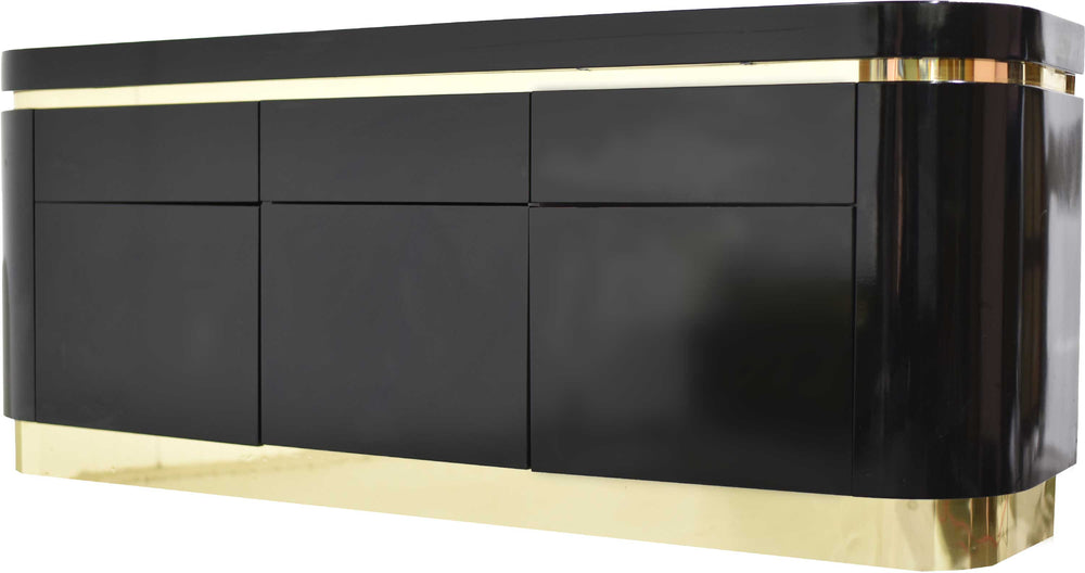 1980s Hollywood Regency Gloss Black Lacquer and Brass Sideboard