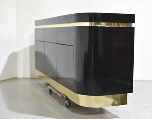 1980s Hollywood Regency Gloss Black Lacquer and Brass Sideboard