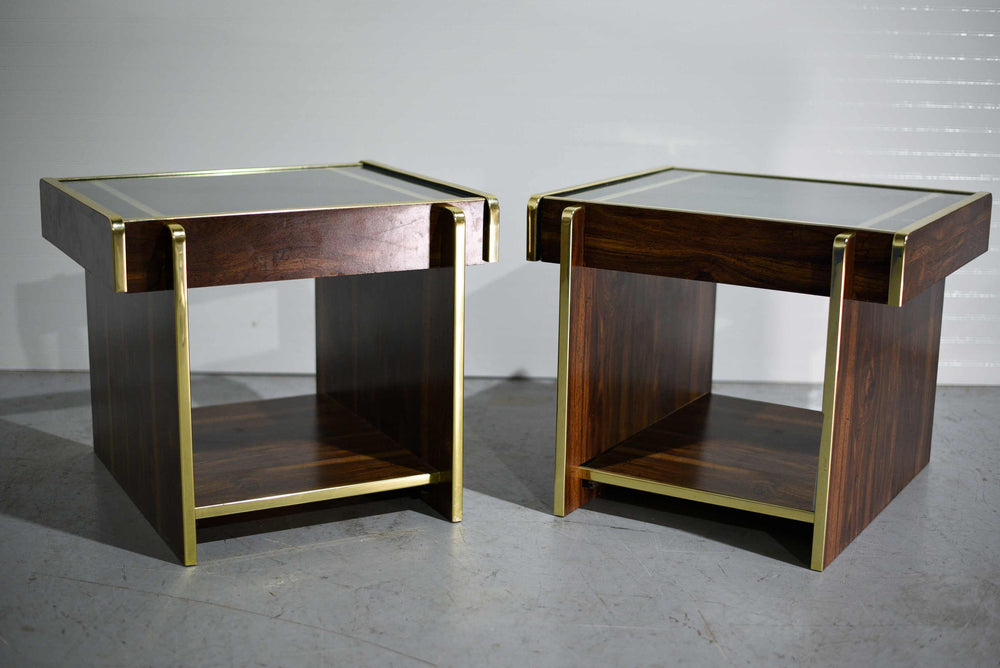 1980s Modern Gold Accent Brown End Tables - A Pair