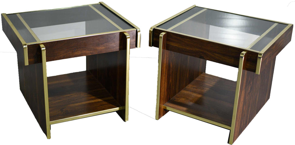 1980s Modern Gold Accent Brown End Tables - A Pair