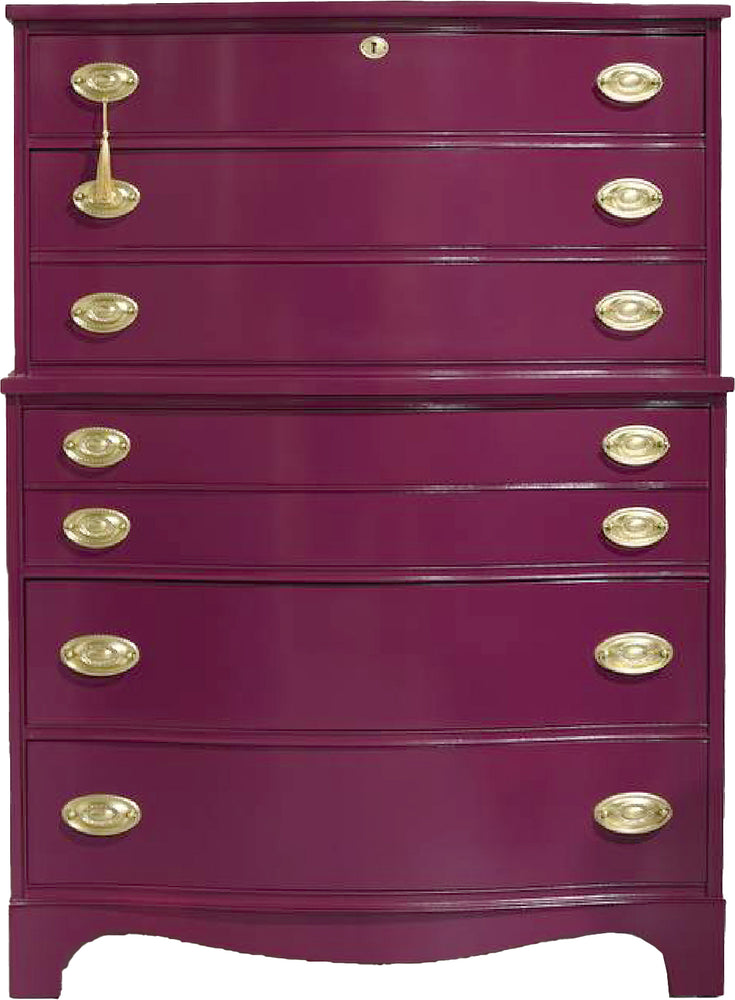 Mid Century Federal Style Mahogany Curved Front Highboy in Purple by Basset- Newly Painted