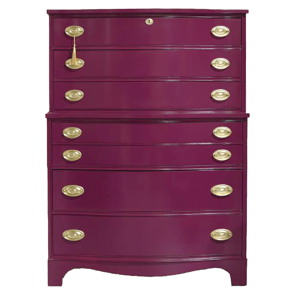 Mid Century Federal Style Mahogany Curved Front Highboy in Purple by Basset- Newly Painted