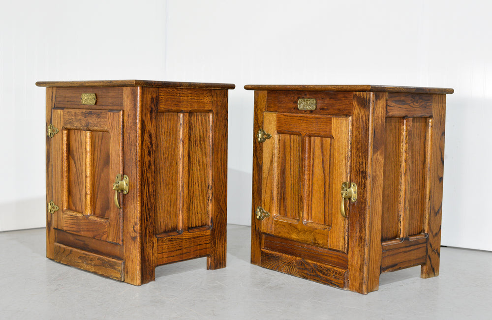 Antique American Country White Clad Ice Box Oak Simmons Hardware St Louis Missouri Tables - A Pair