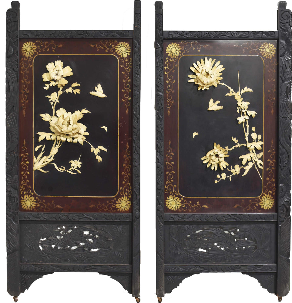 Antique Japanese Meiji Period Shibayama Hardwood and Bone Folding Screen Panels - A Pair