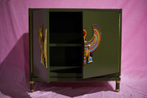 Hand Crafted Two Door Chest in Olive with Egyptian Horus Falcon Detail - A Pair Newly Made