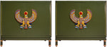 Hand Crafted Two Door Chest in Olive with Egyptian Horus Falcon Detail - A Pair Newly Made