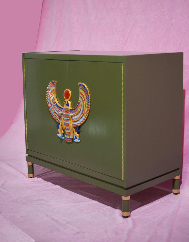 Hand Crafted Two Door Chest in Olive with Egyptian Horus Falcon Detail - A Pair Newly Made