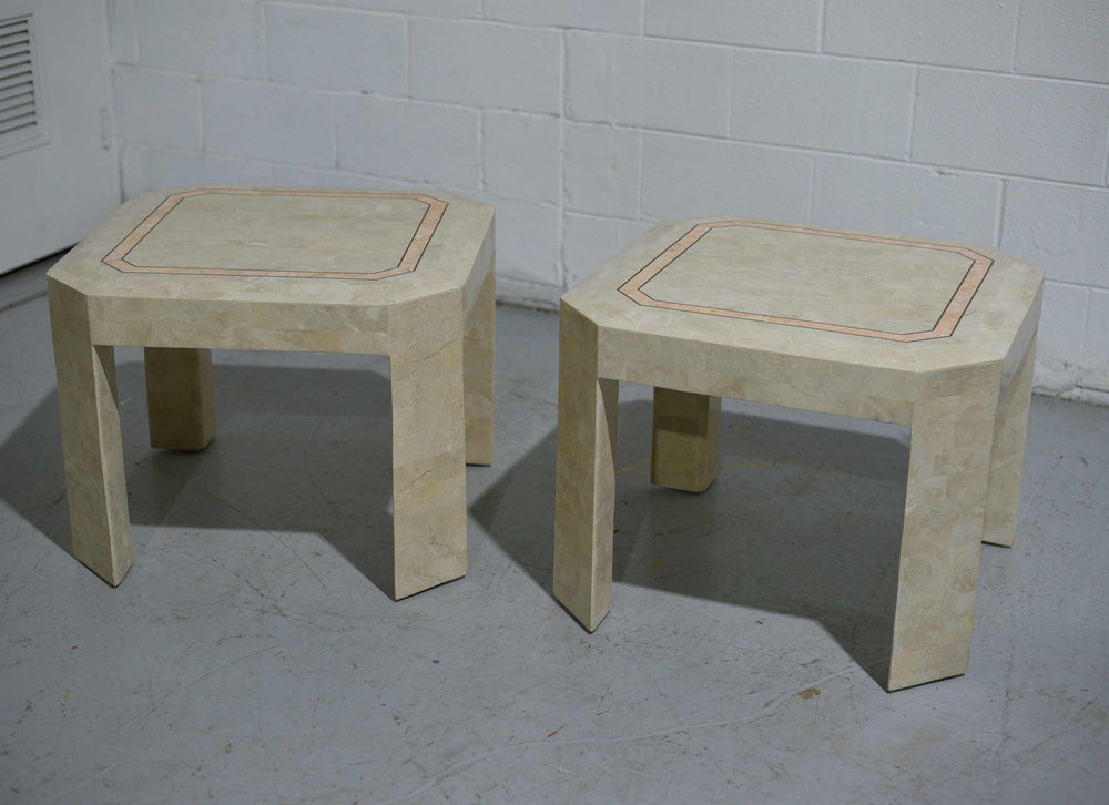 Products Late 20th Century Tessellated Marble Side Tables With Gold Pink Inlay - a Pair