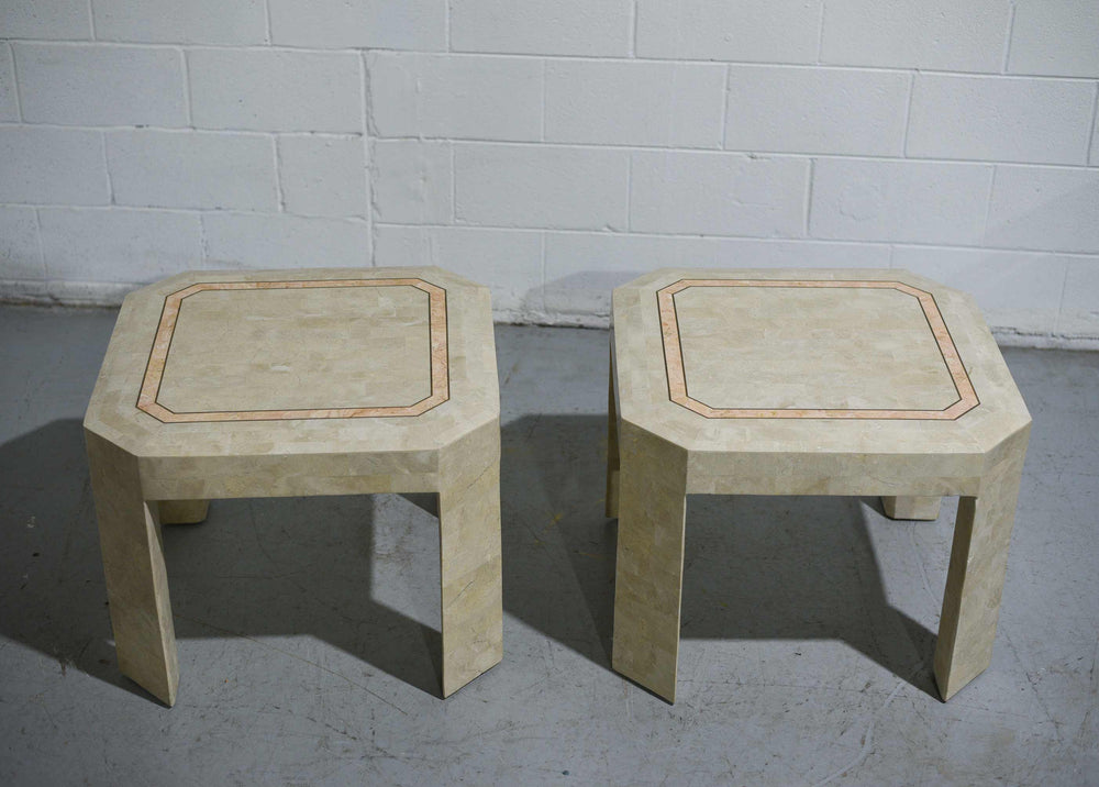 Products Late 20th Century Tessellated Marble Side Tables With Gold Pink Inlay - a Pair