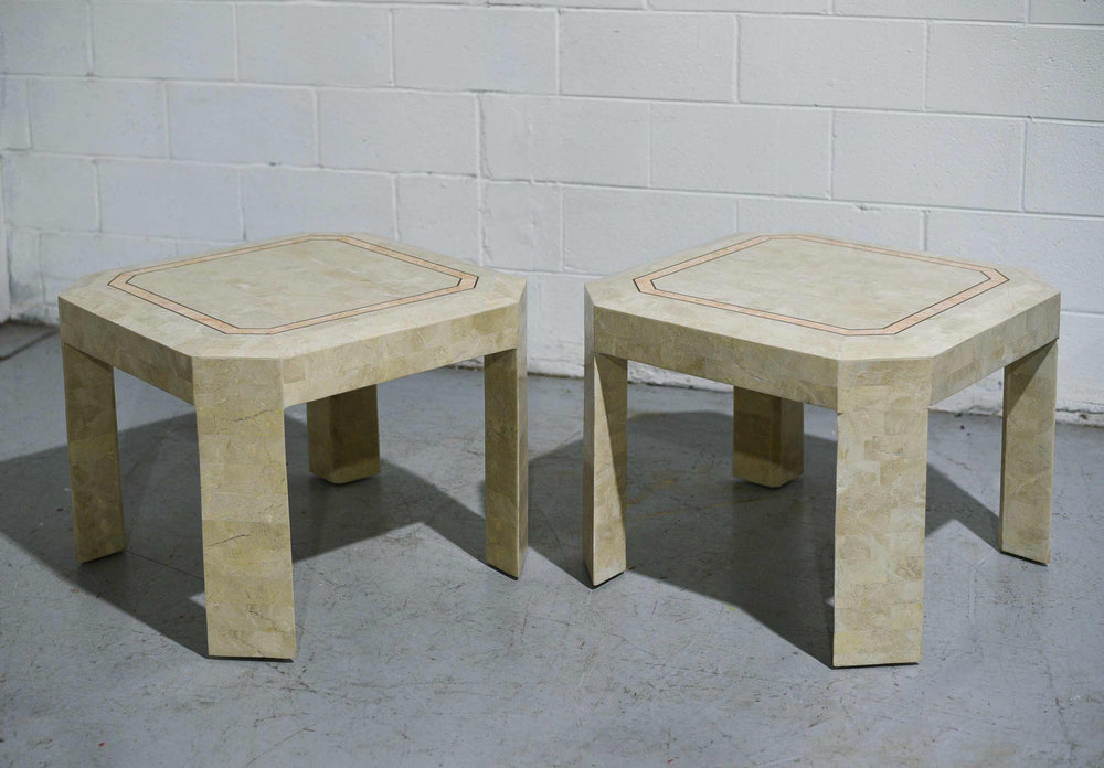 Products Late 20th Century Tessellated Marble Side Tables With Gold Pink Inlay - a Pair