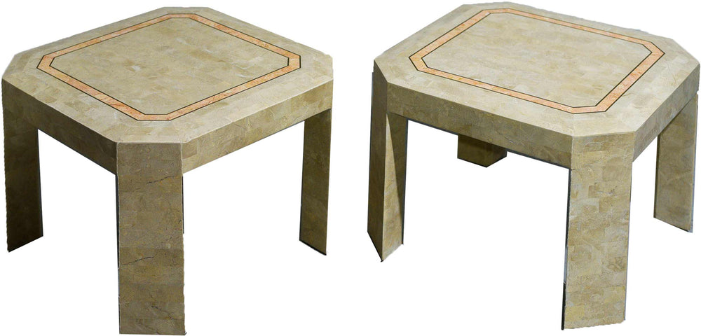 Products Late 20th Century Tessellated Marble Side Tables With Gold Pink Inlay - a Pair