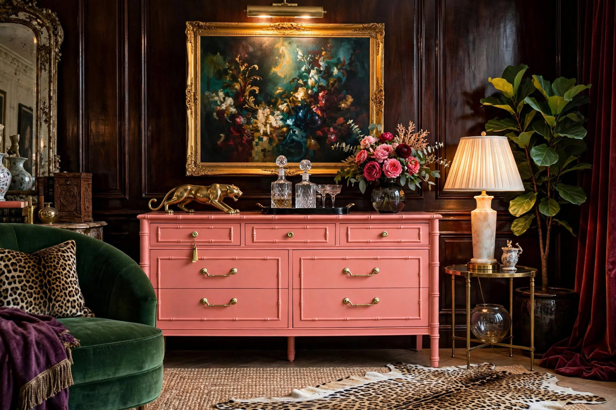 Mid Century Hollywood Regency Faux Bamboo Dresser with Brass Hardware by Thomasville styled as Maximalist