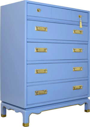 Mid Century Campaign Style Highboy Dresser in Blue - Newly Painted