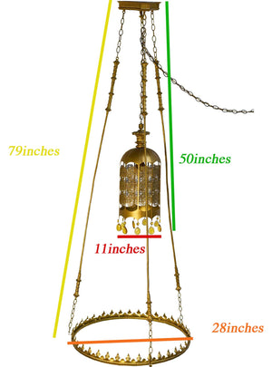 Mid Century Gothic Revival Gold Halo Ring & Crystal Chandelier