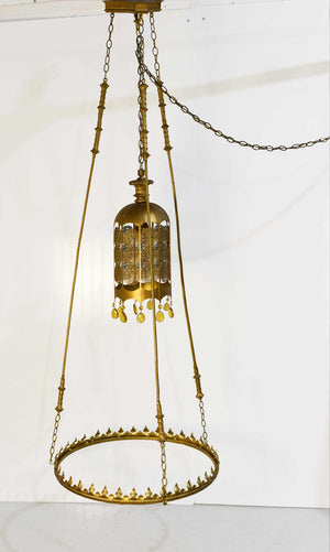Mid Century Gothic Revival Gold Halo Ring & Crystal Chandelier