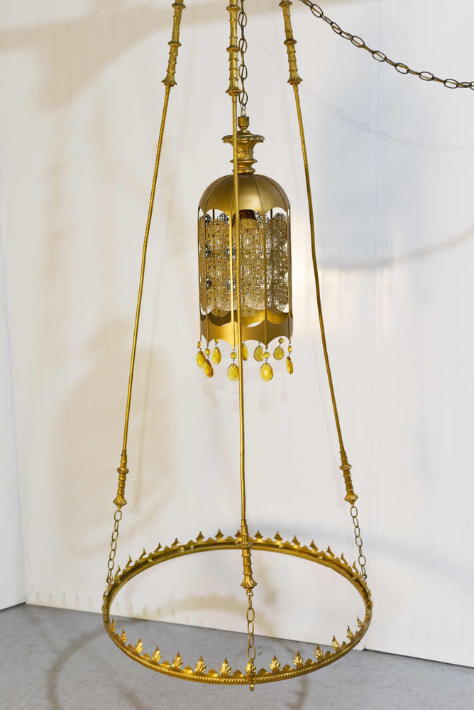 Mid Century Gothic Revival Gold Halo Ring & Crystal Chandelier