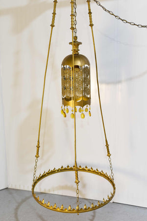 Mid Century Gothic Revival Gold Halo Ring & Crystal Chandelier