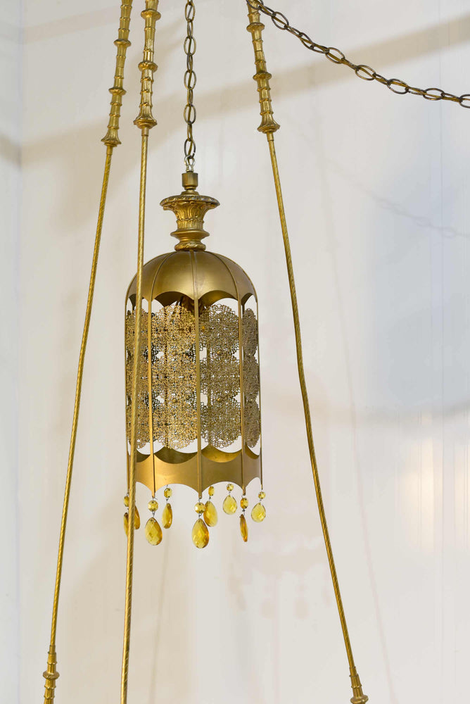 Mid Century Gothic Revival Gold Halo Ring & Crystal Chandelier