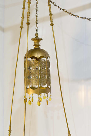 Mid Century Gothic Revival Gold Halo Ring & Crystal Chandelier