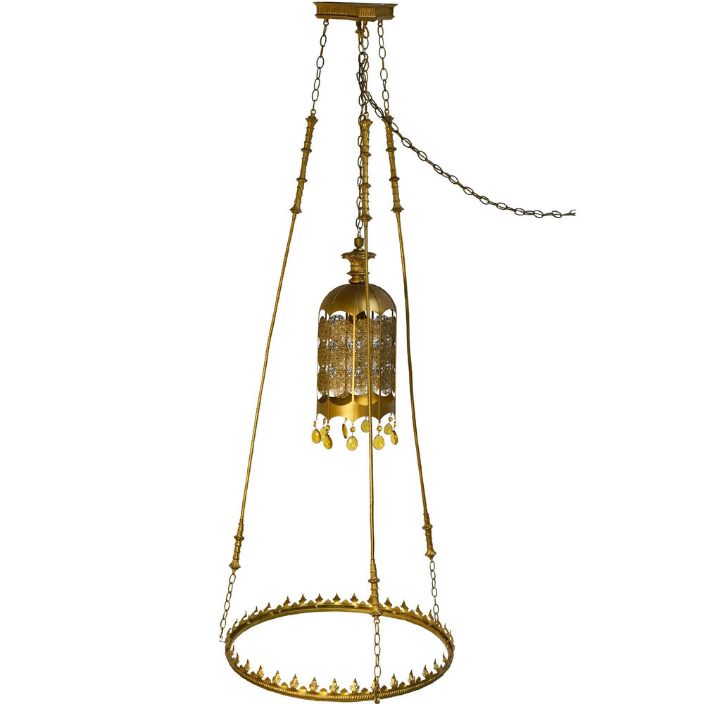 Mid Century Gothic Revival Gold Halo Ring & Crystal Chandelier