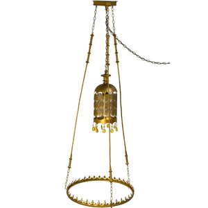 Mid Century Gothic Revival Gold Halo Ring & Crystal Chandelier