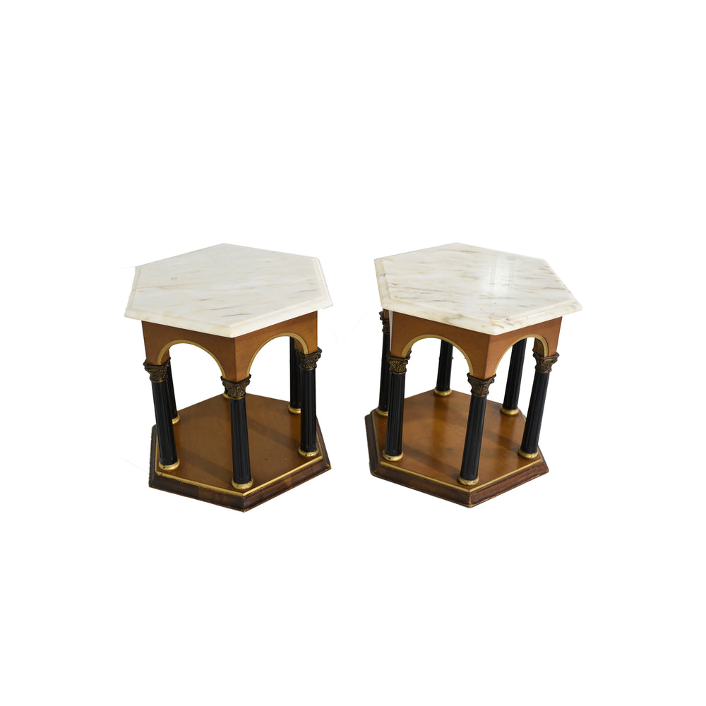 Mid Century Neoclassical Marble Top  Hexagon Tables Made in Portugal - A Pair