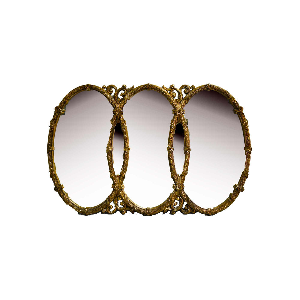 Mid-Century Triple Oval Interlocking Acanthus Decorated Gold Wall Mantle Mirror 43inches