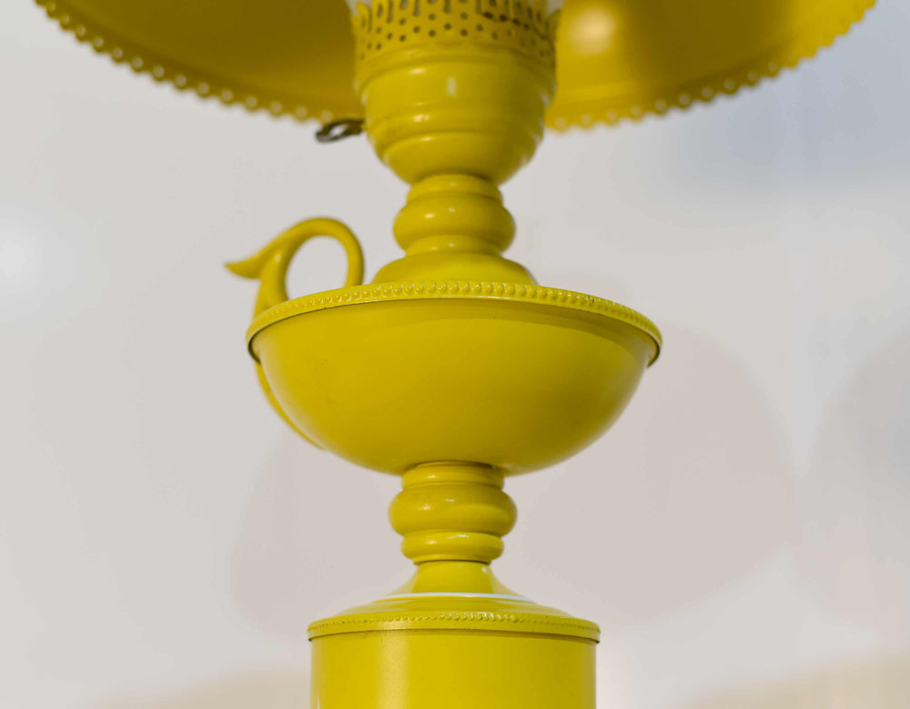 Mid Century Metal Lanterns Painted Yellow Table Lamps - a Pair