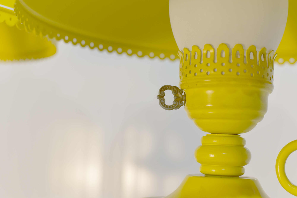Mid Century Metal Lanterns Painted Yellow Table Lamps - a Pair