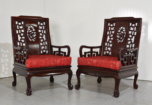 Mid-Century Chinoiserie Clawfoot Rosewood Armchairs with Cushions - A Pair