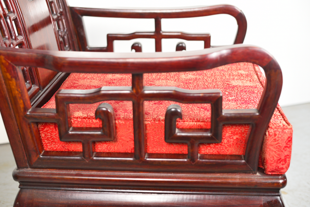 Mid-Century Chinoiserie Clawfoot Rosewood Armchairs with Cushions - A Pair