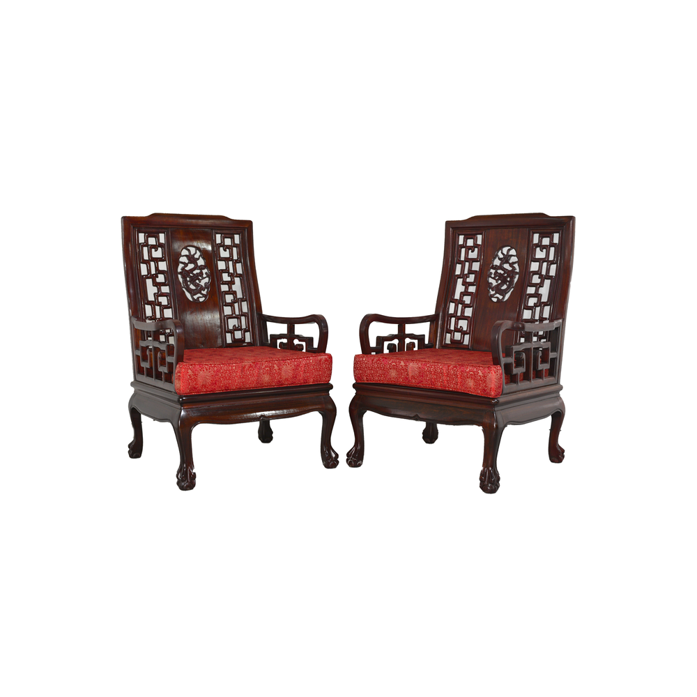 Mid-Century Chinoiserie Clawfoot Rosewood Armchairs with Cushions - A Pair