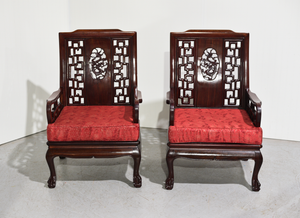 Mid-Century Chinoiserie Clawfoot Rosewood Armchairs with Cushions - A Pair