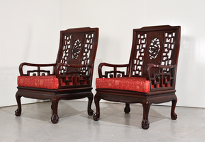 Mid-Century Chinoiserie Clawfoot Rosewood Armchairs with Cushions - A Pair