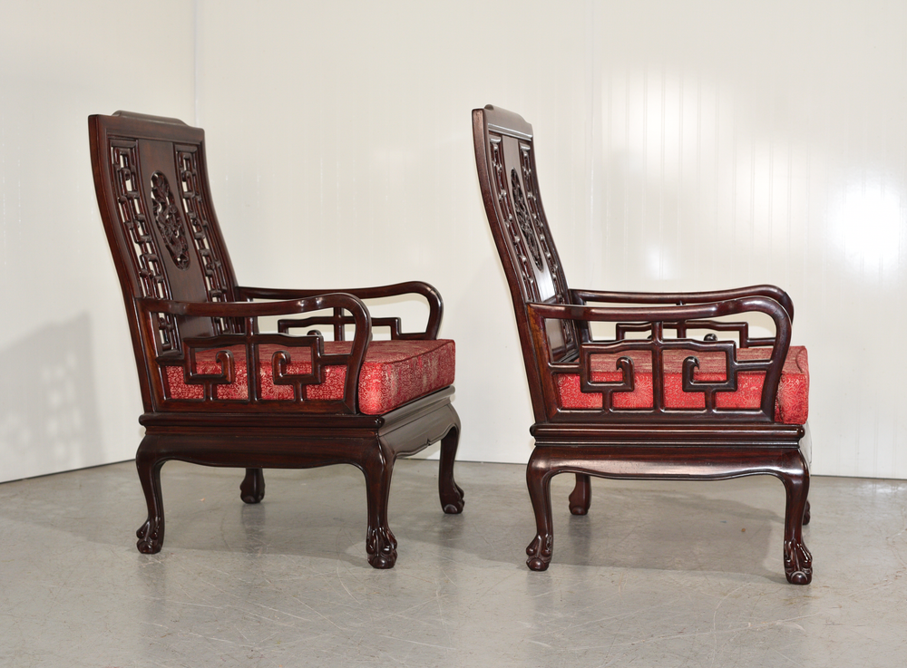 Mid-Century Chinoiserie Clawfoot Rosewood Armchairs with Cushions - A Pair